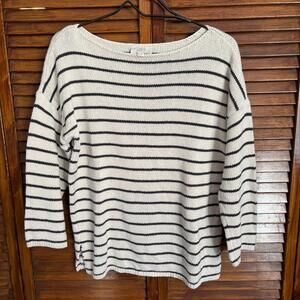LOFT Women's Pullover Sweater - 3/4 Sleeve White Striped - Size Medium